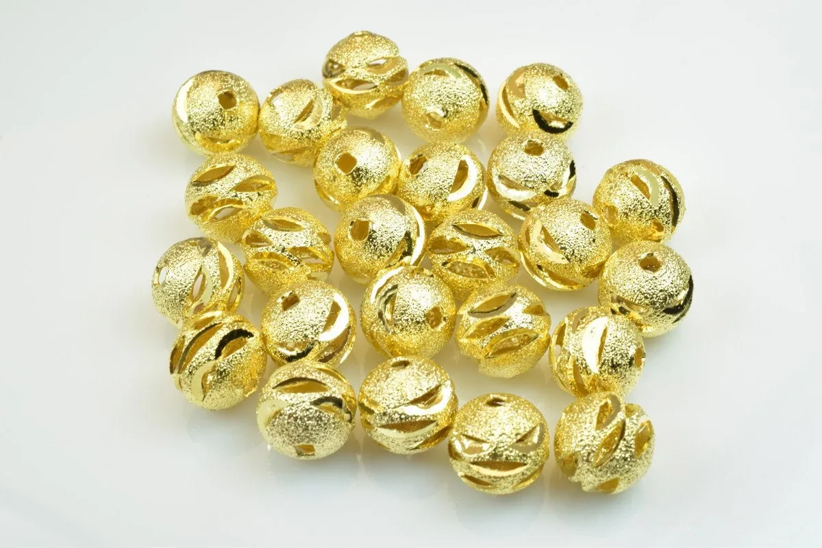 100 PCs Gold Plated Carved Round Beads 6mm/8mm/10mm Diamond Cut For Jewelry Making