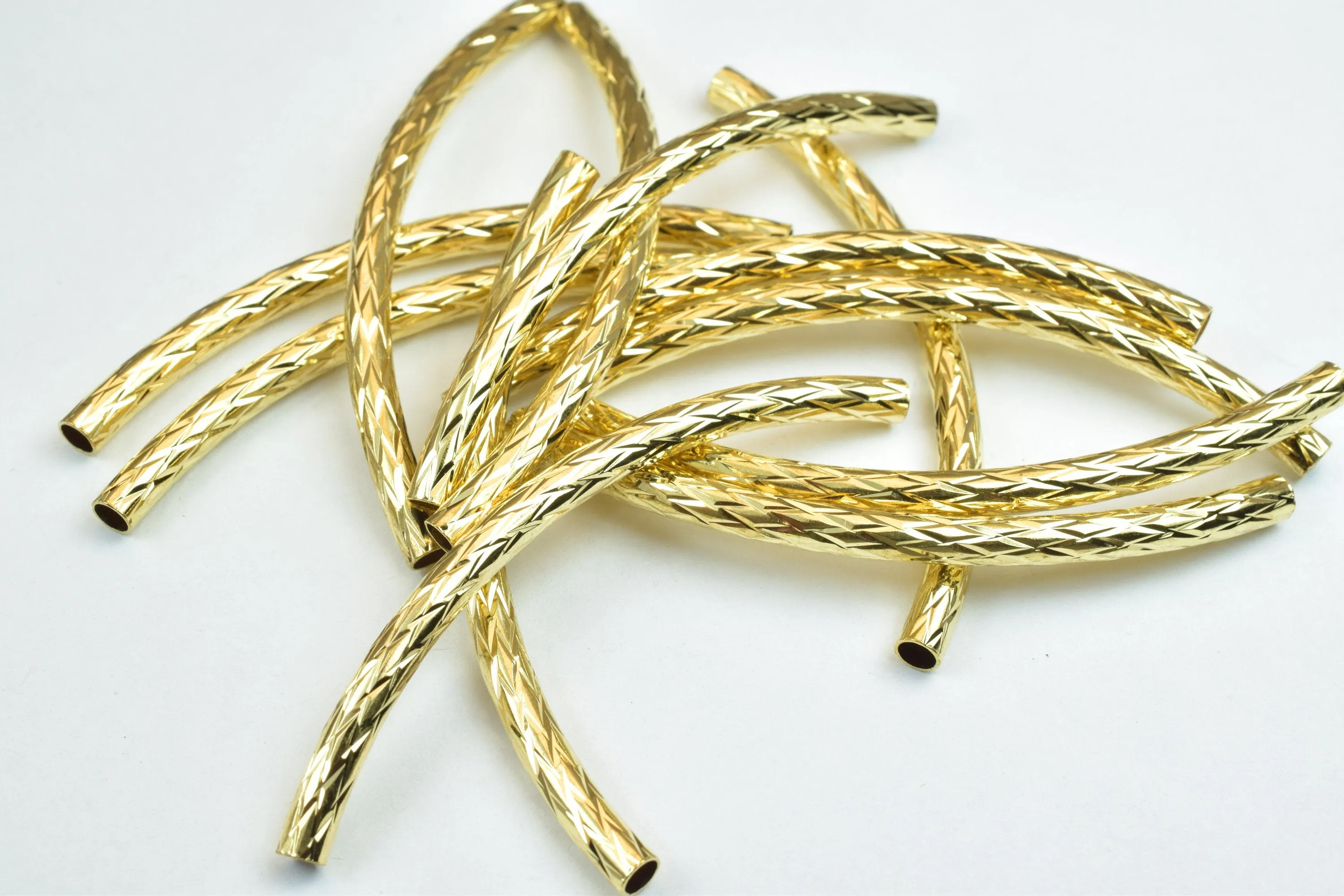 12 PCs Curve Tube Jewelry Finding Beads Size 3x50mm Diamond Cut Gold/Silver For Jewelry Making
