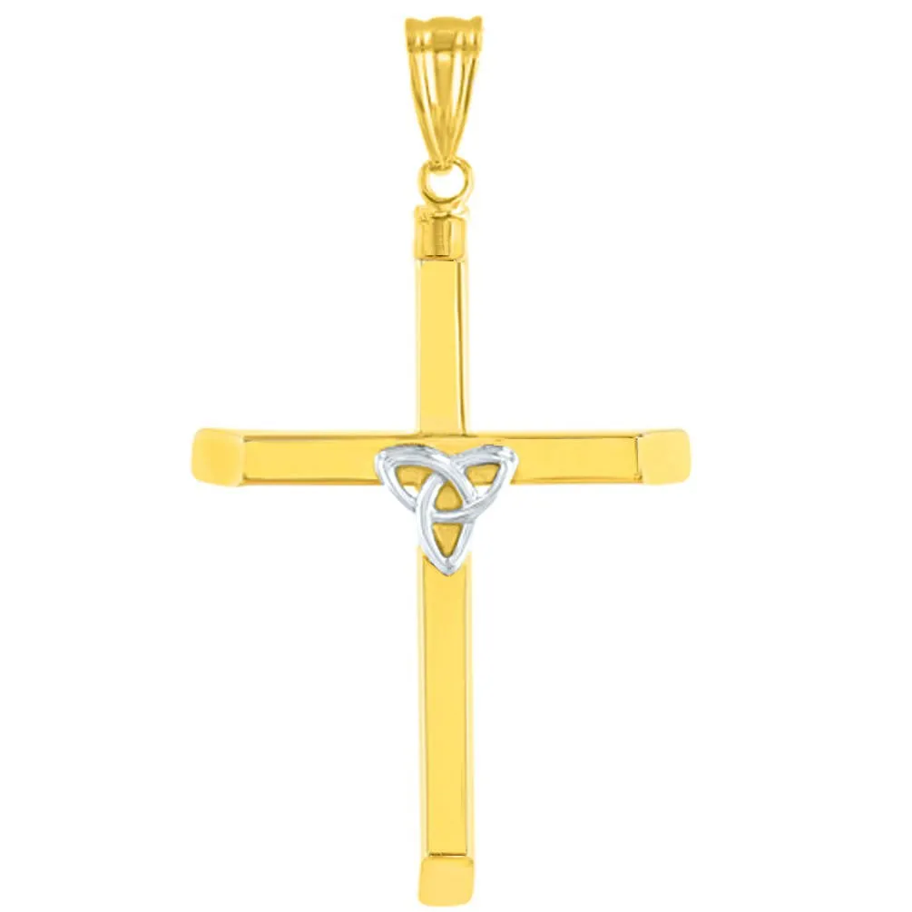 14K Two Tone Gold Plain & Simple Celtic Trinity Cross with Triquetra Symbol Pendant Cuban Concave Chain Necklace