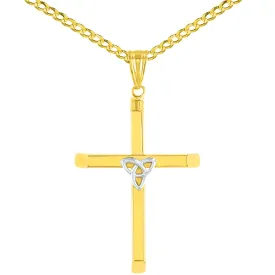 14K Two Tone Gold Plain & Simple Celtic Trinity Cross with Triquetra Symbol Pendant Cuban Concave Chain Necklace