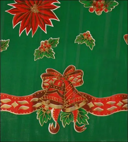 Christmas Oilcloth Tablecloth Bells and Bows on Green