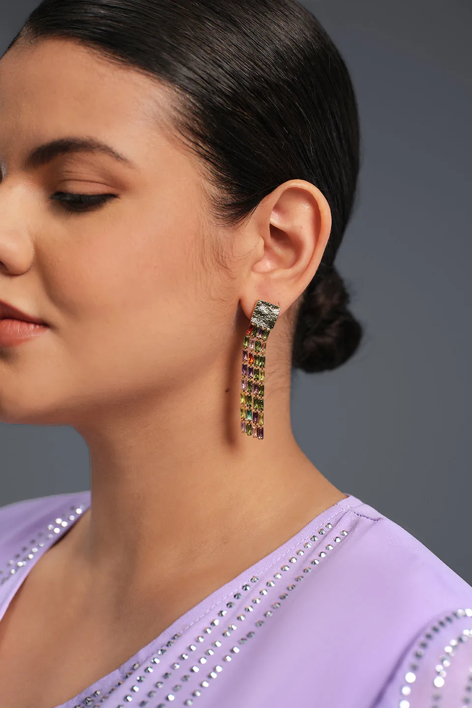 Curveins Elegant Rectangular Tassel Colorful Zirconia Earrings