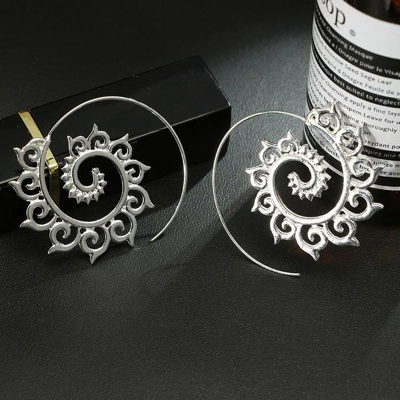 docona  Punk Gold Sliver Hollow Spiral Dangle Earrings Women Ladies Tribal Gear Drop Earring Circle Ear Festival Jewelry 4755