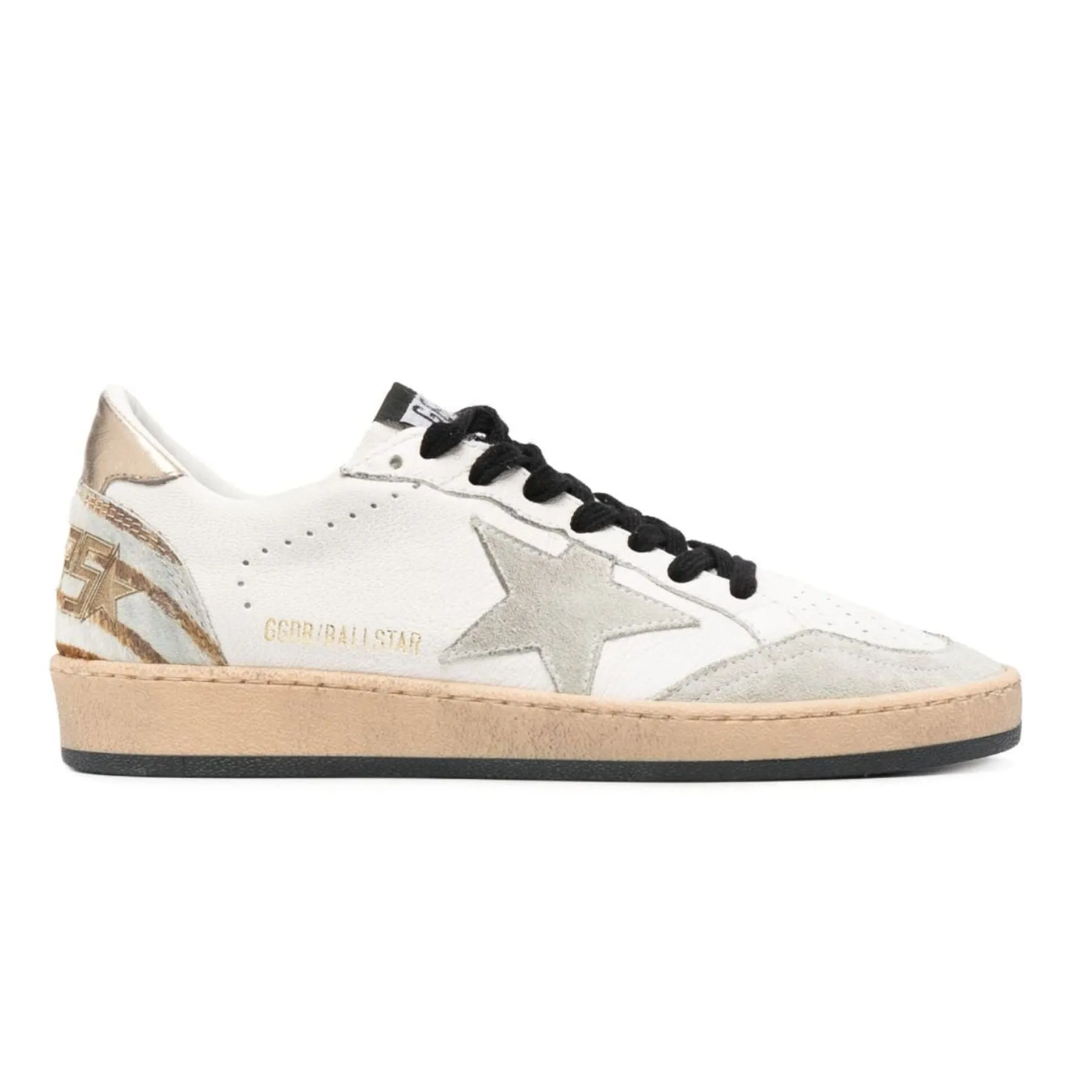 GOLDEN GOOSE BALL STAR SNEAKERS IN WHITE & GOLD ZEBRA PRINT