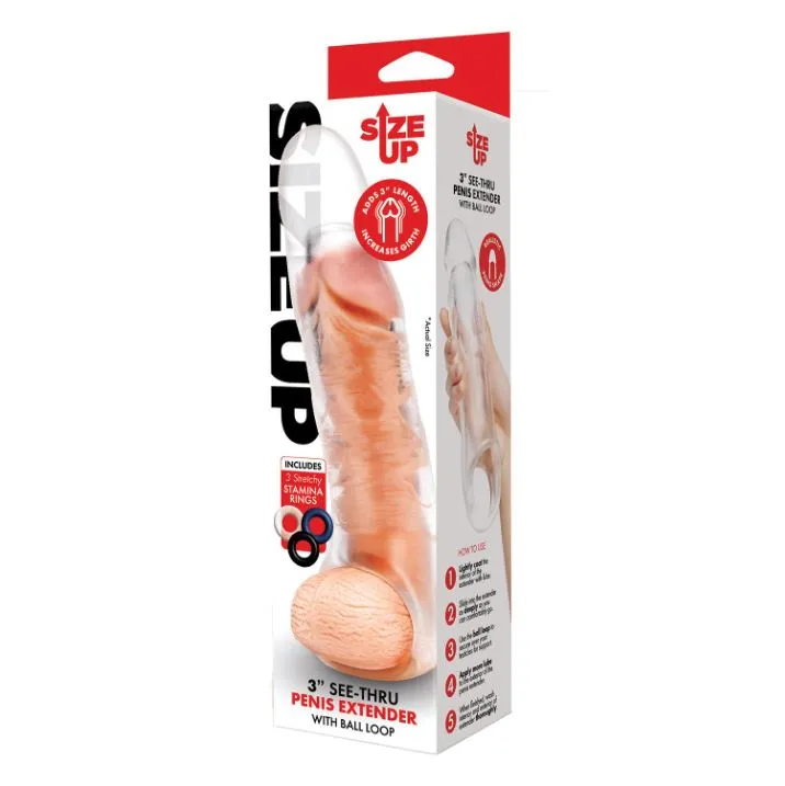 Size Up 3 Inch See-Thru Penis Extender With Ball Loop Clear